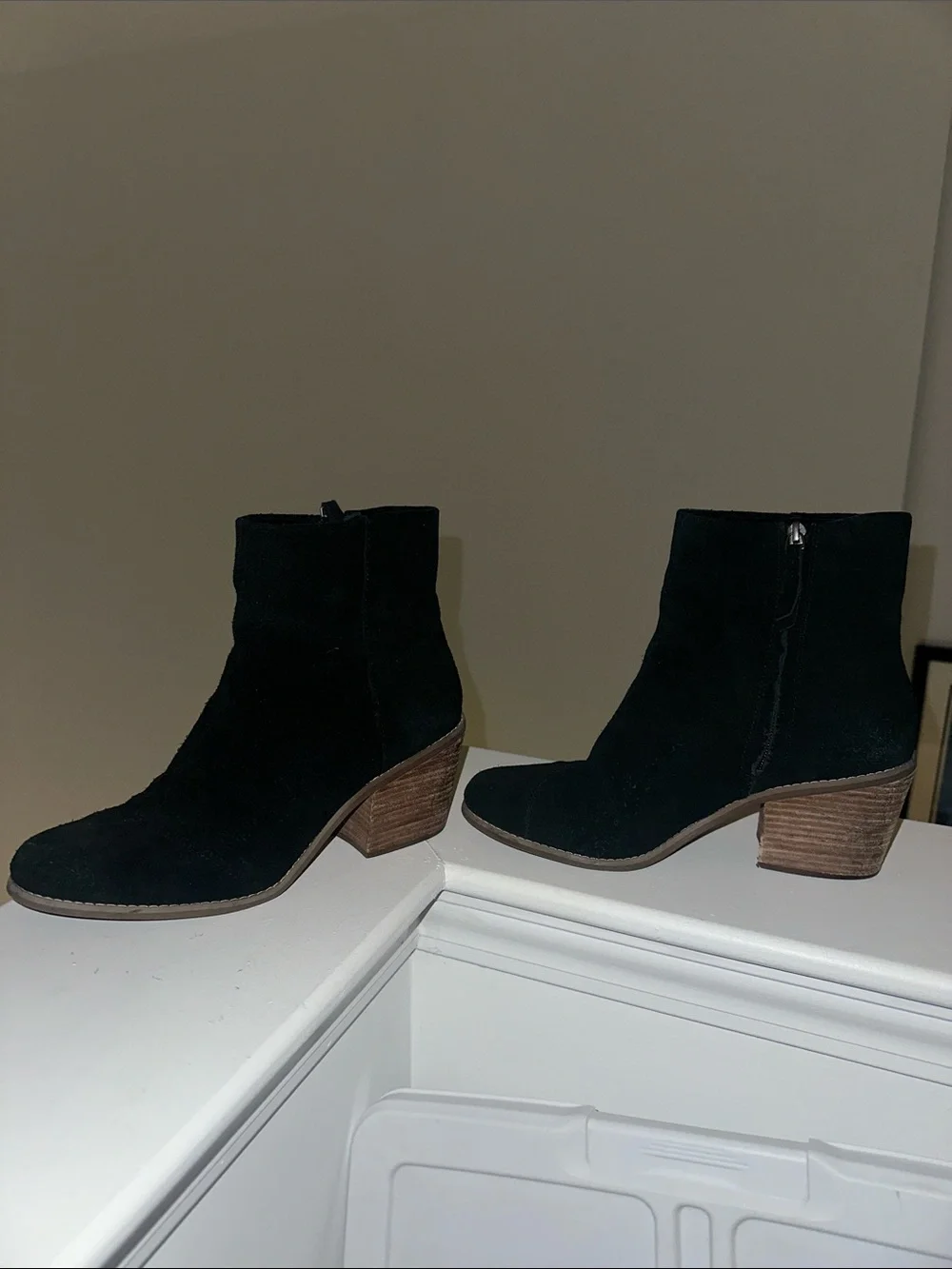 Toms Black Suede Ankle Booties with Stacked Wood Heel